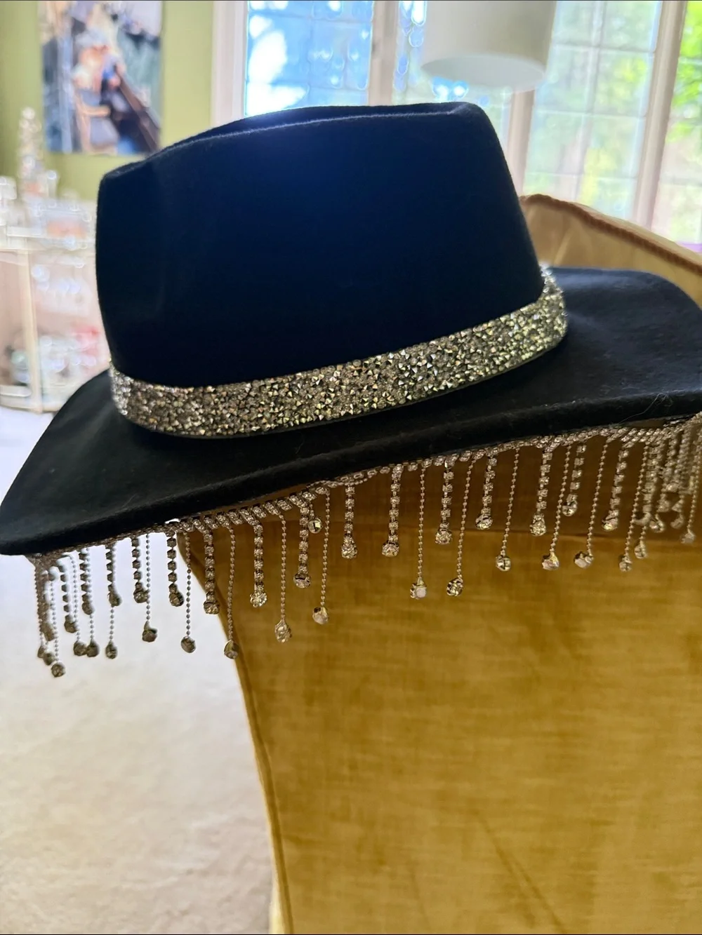 Black Velvet Fedora with Crystal Band and Fringe